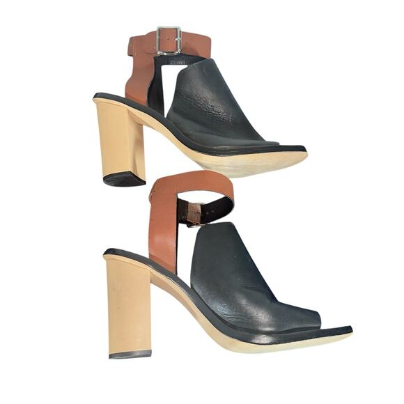 Loeffler Randall ColorBlock Leather Heels Sz 9.5 Black Brown Ankle Strap Sandals - Picture 11 of 13